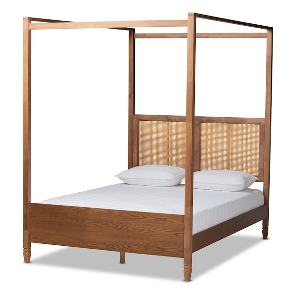 Baxton Studio Malia Modern and Contemporary Walnut Brown Finished Wood and Synthetic Rattan King Size Canopy Bed 184-11044-Zoro - main